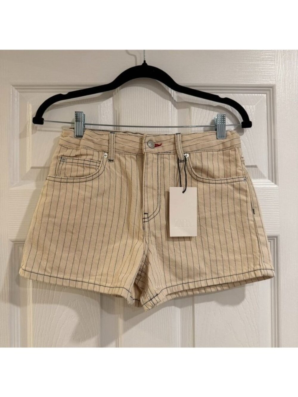 ZARA Teen Girl High Waist Stretch Denim Striped Shorts Size 13-14 NWT